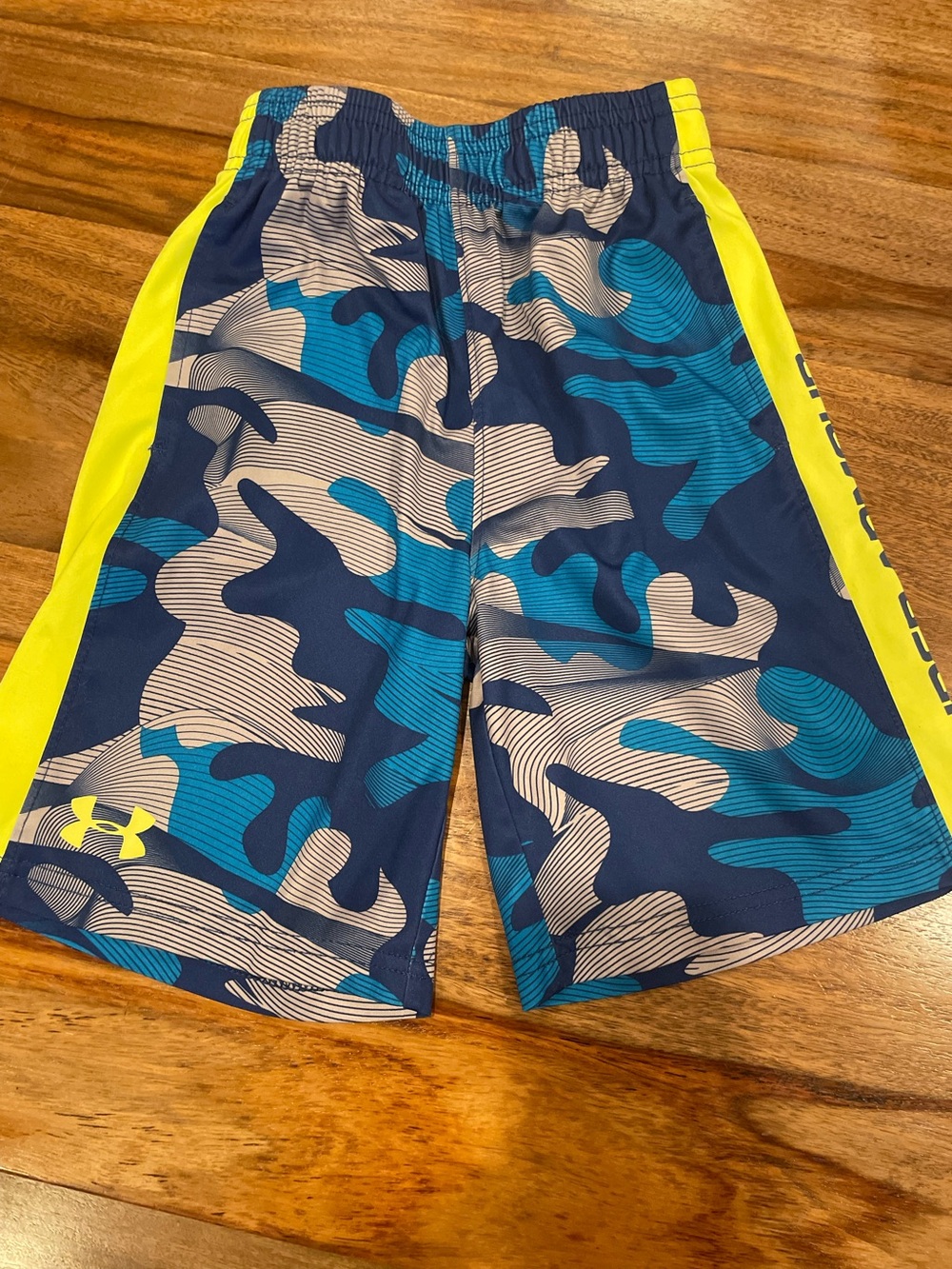 Under Armour Boys Blue Camo Athletic Shorts with Neon Yellow Sides